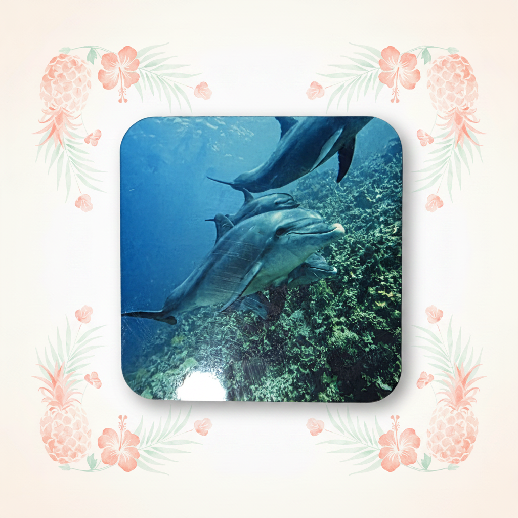 Dolphins magnet on the pineapple and palm background