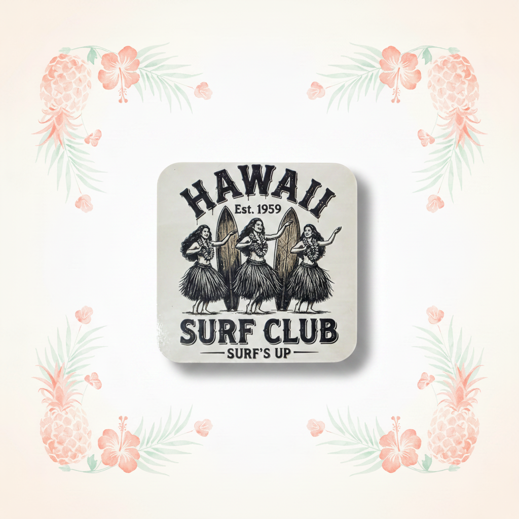 Hawaii Surf Club magnet on the pineapple and palm background
