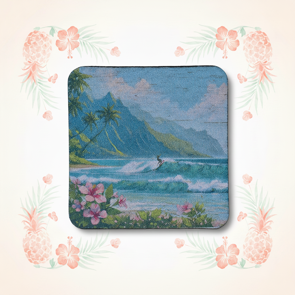 Hawaii Surf Scene Coaster with Tropical Background