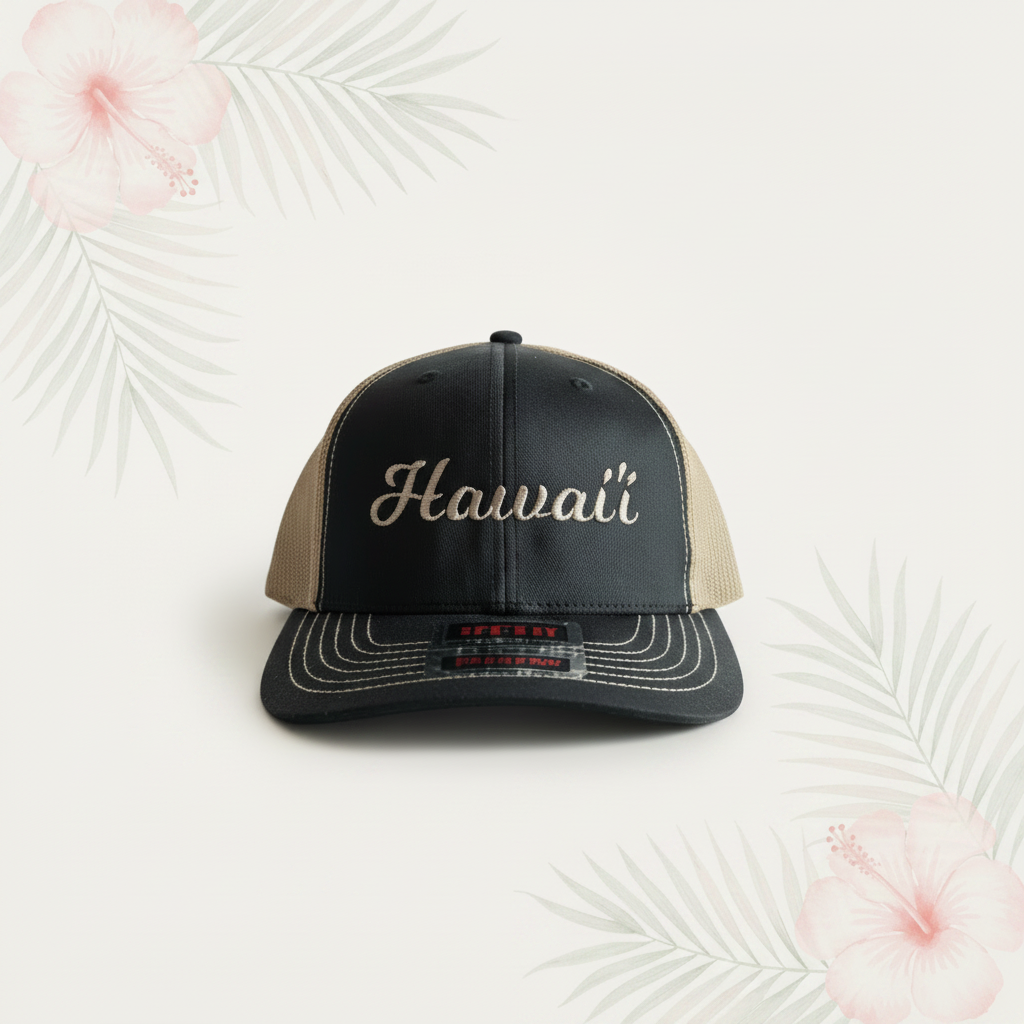 Hawai'i Otto 112-1 Trucker Hat Black & Tan with Mesh Back