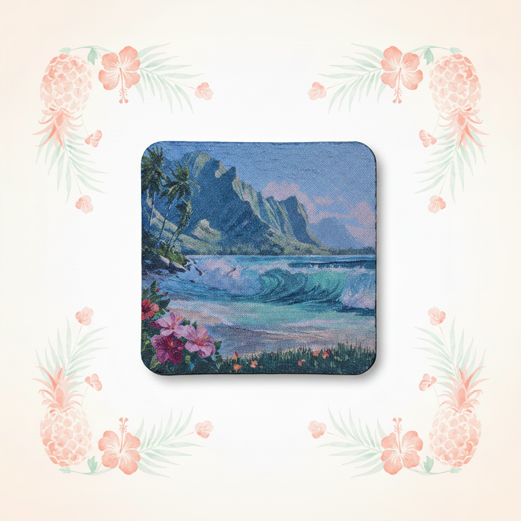 Hawaiian Coastal Painting Coaster with Tropical Background