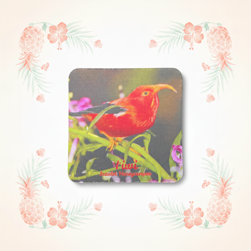 ʻIʻiwi Scarlet Honeycreeper Coaster with Tropical Background