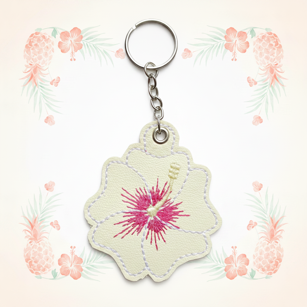 Cream and pink hibiscus keychain on a pale tropical background without a shadow