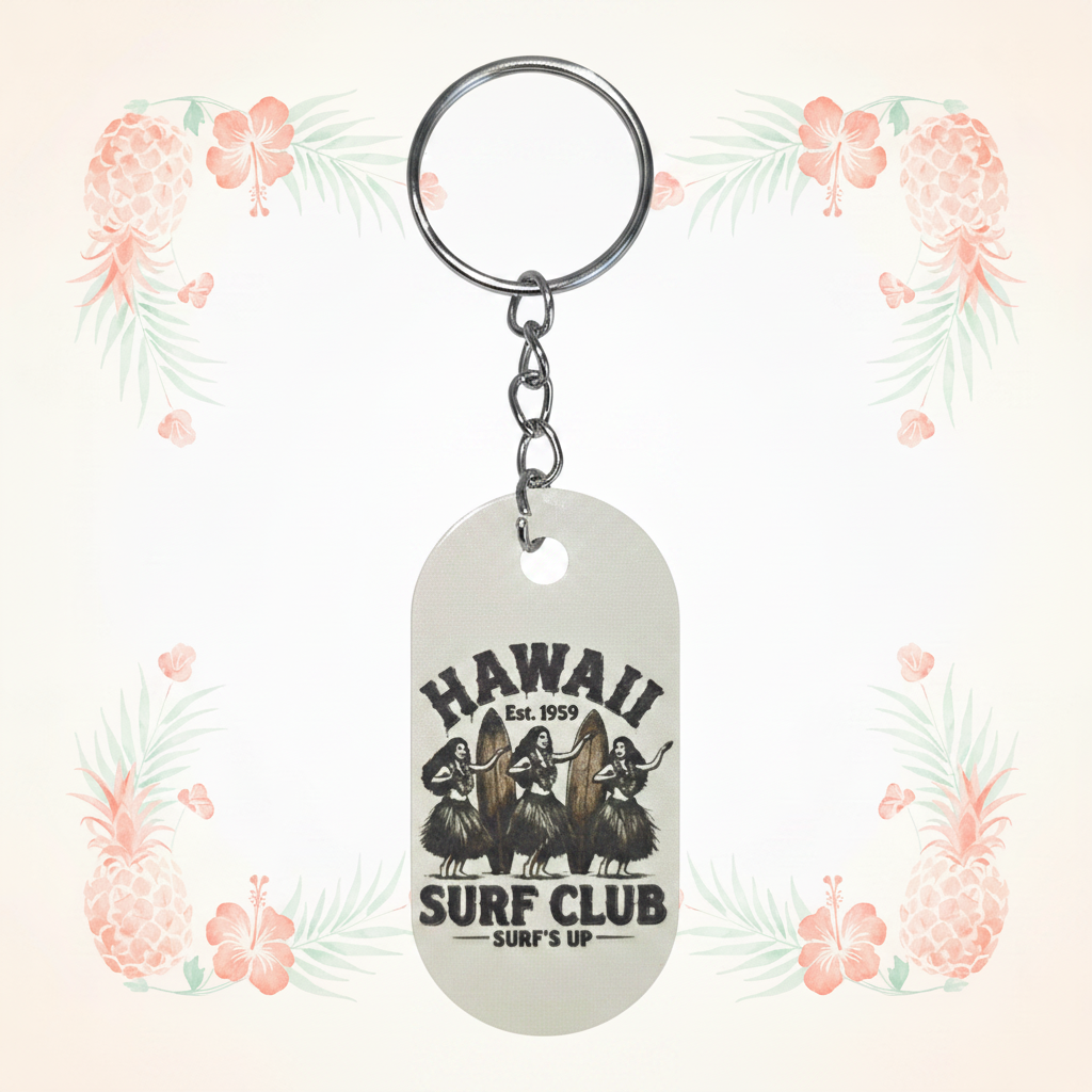 Surf Club sublimated keychain on a pale tropical background without a shadow