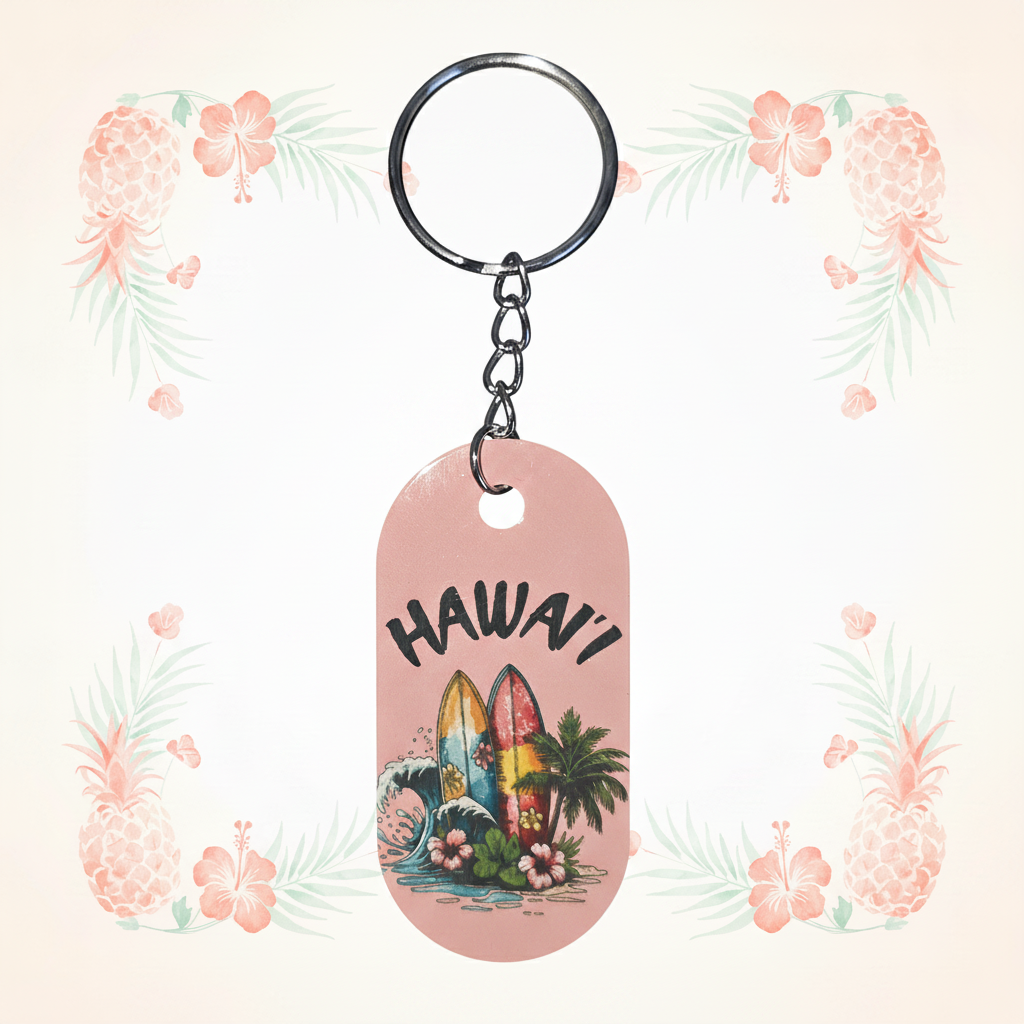 Peach HI with surf boards sublimated keychain on a pale tropical background without a shadow