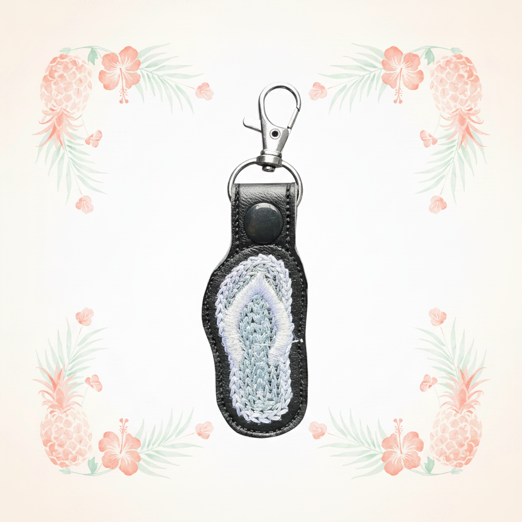 Flip flop keychain on a pale tropical background without a shadow