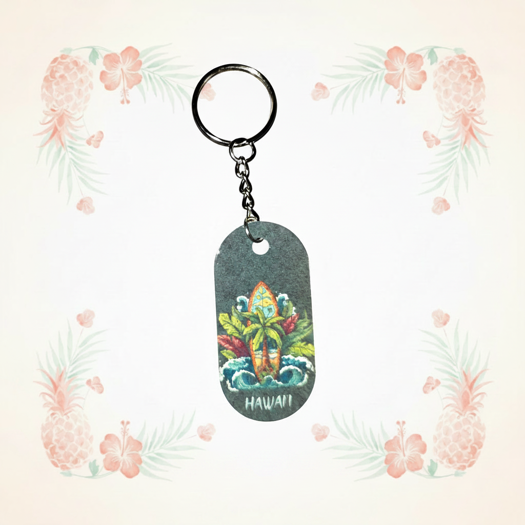 Green HI Vibe surfboard, wave, and palm tree keychain on a pale tropical background without a shadow