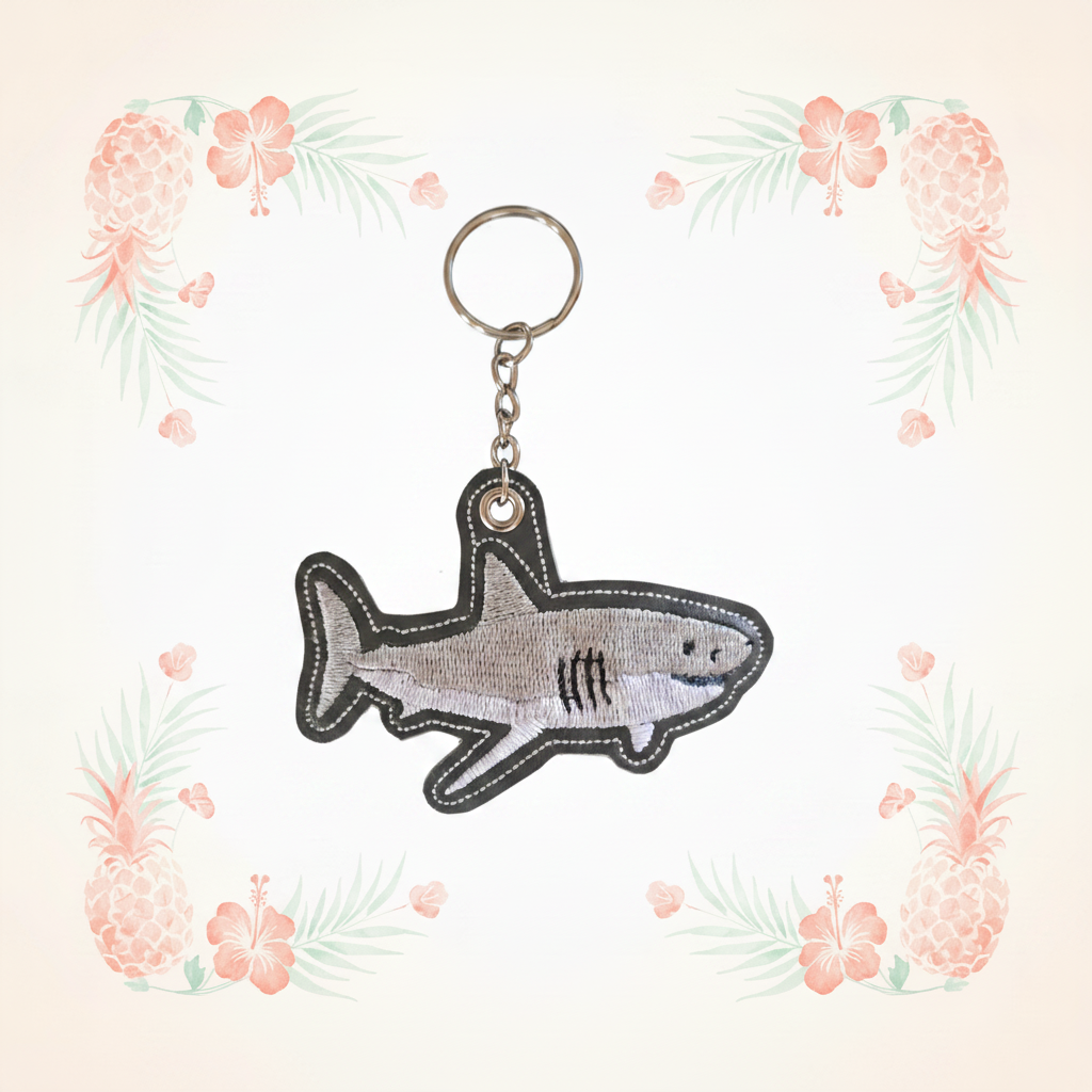Shark embroidered keychain on a pale tropical background without a shadow