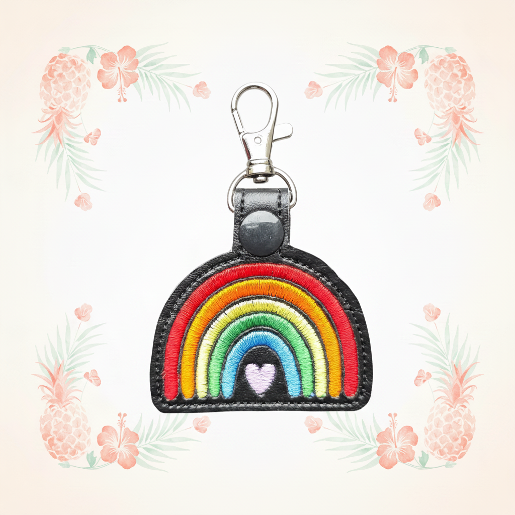 PRIDE rainbow embroidered keychain on a pale tropical background without a shadow