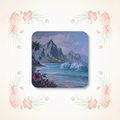 Misty Hawaiian Mountain Surfer Coaster with Tropical Background