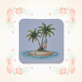 Palm Tree Island Surfboard Coaster with Tropical Background