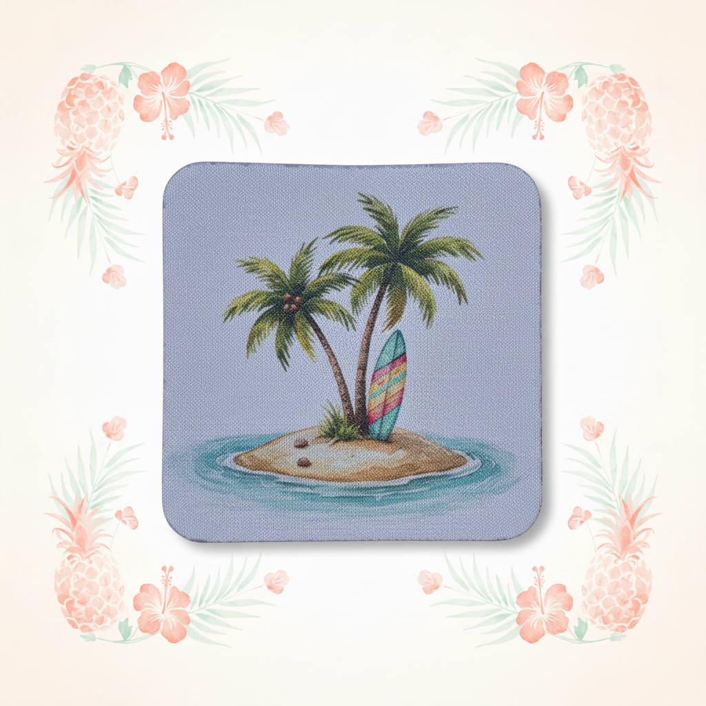 Palm Tree Island Surfboard Coaster with Tropical Background