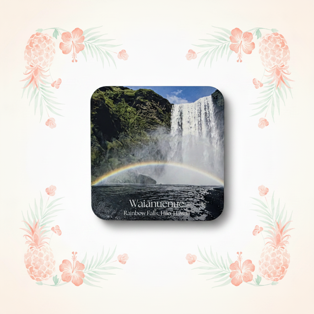 Rainbow Falls magnet on the pineapple and palm background