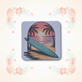 Retro Sunset Surfboard Coaster with Tropical Background