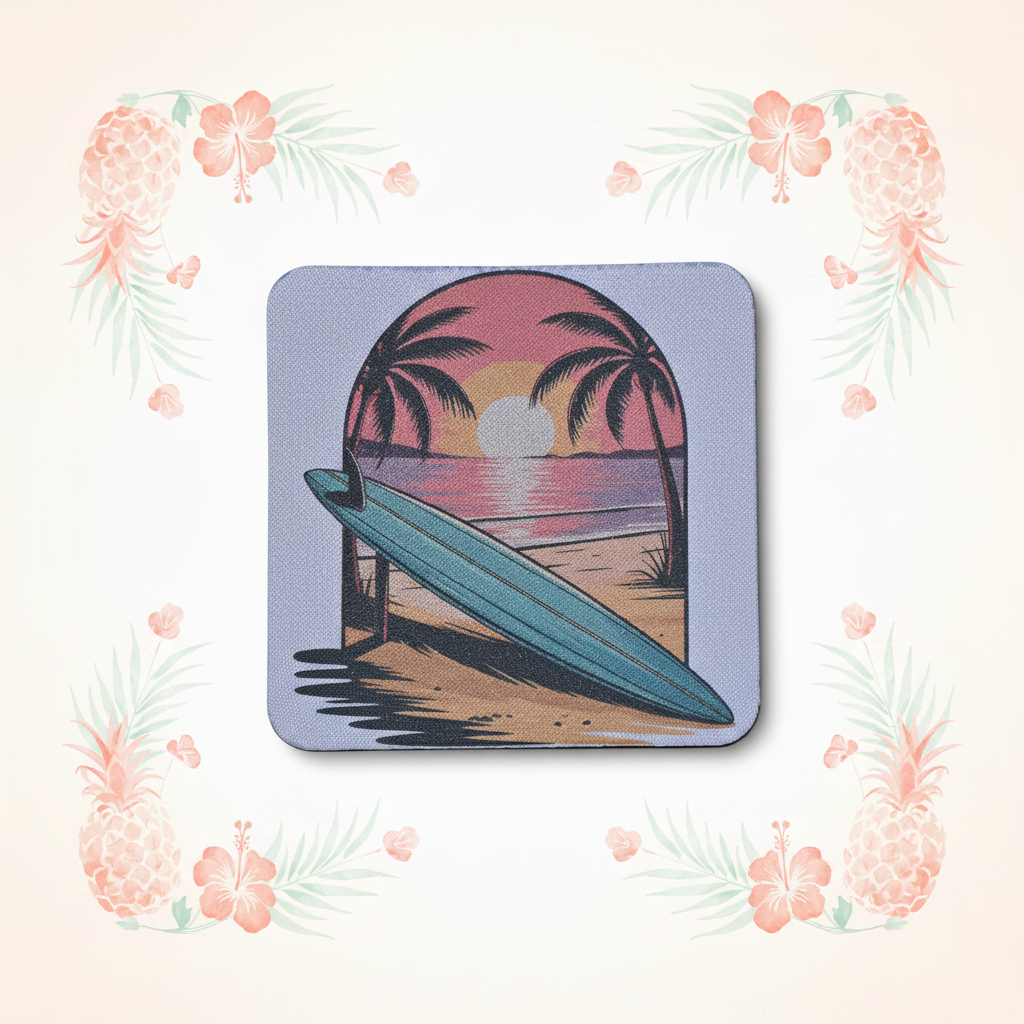 Retro Sunset Surfboard Coaster with Tropical Background