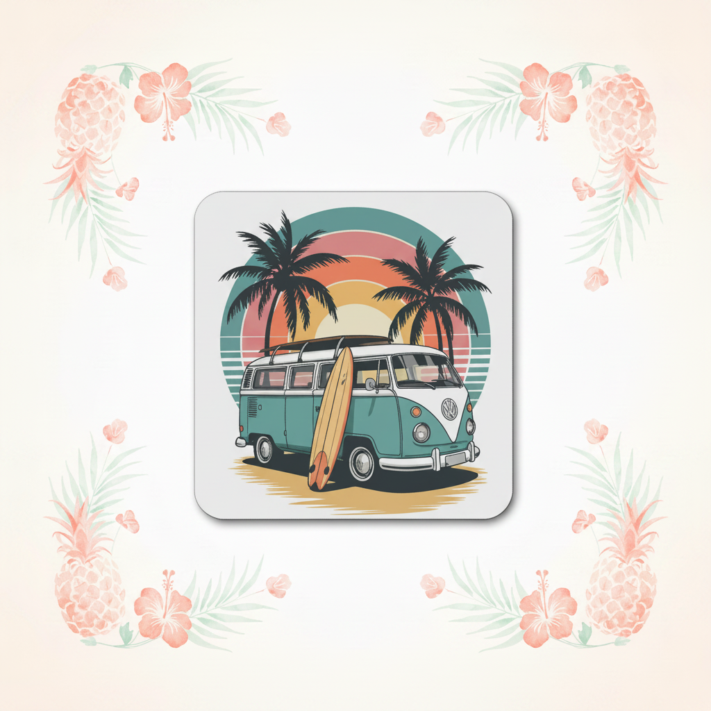 Retro VW Surf Van Coaster with Tropical Background