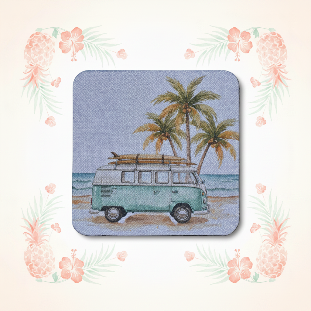 Surf Van Coaster with Tropical Background