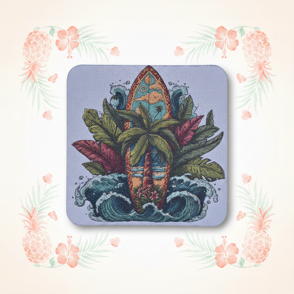 Surfboard Coaster with Tropical Background