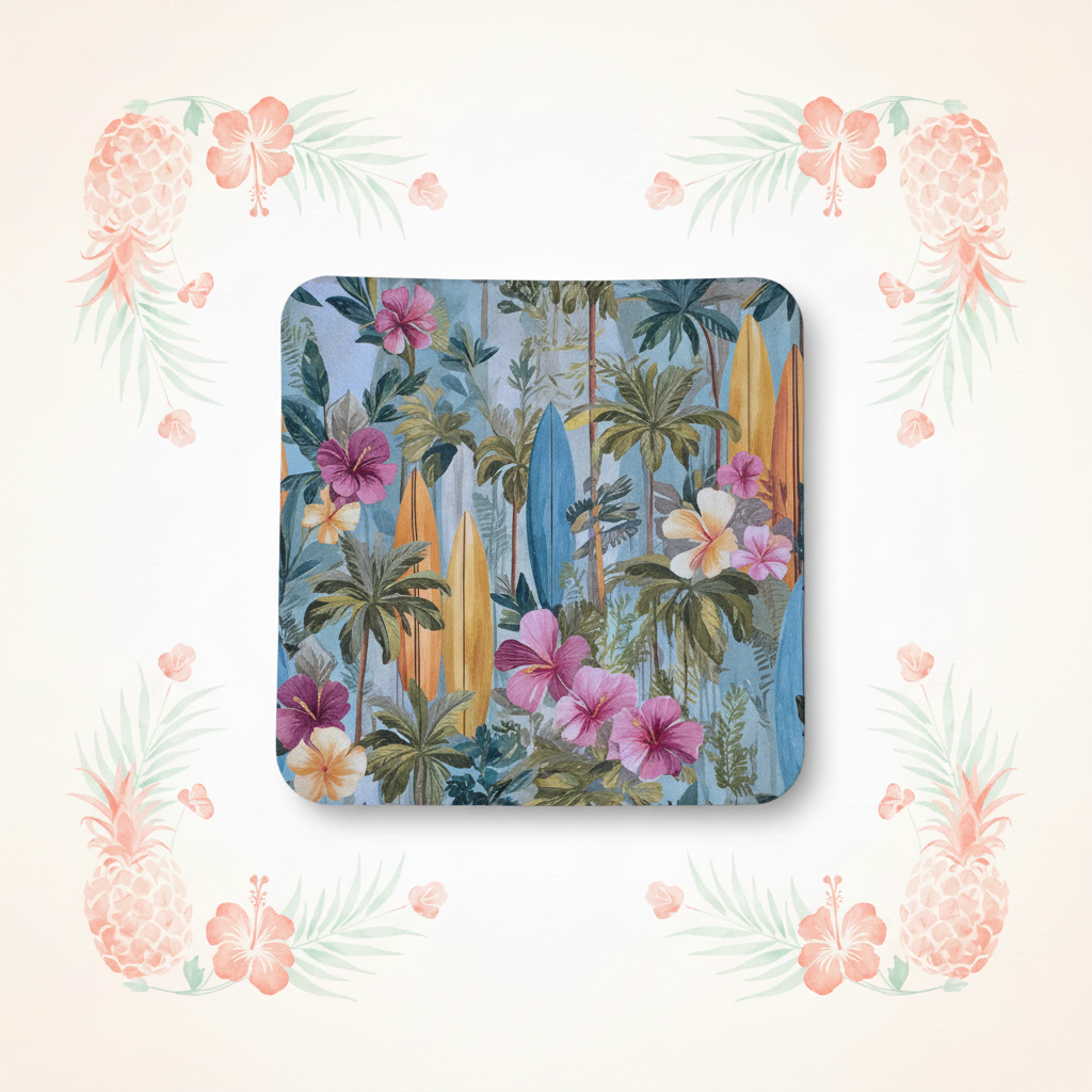 Surfboard Hibiscus Coaster with Tropical Background