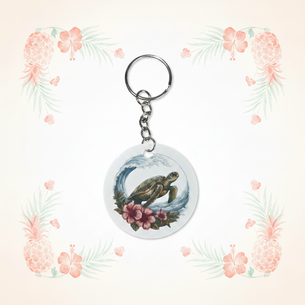 Turtle Wave Riding round keychain on pale pineapple-and-palm background
