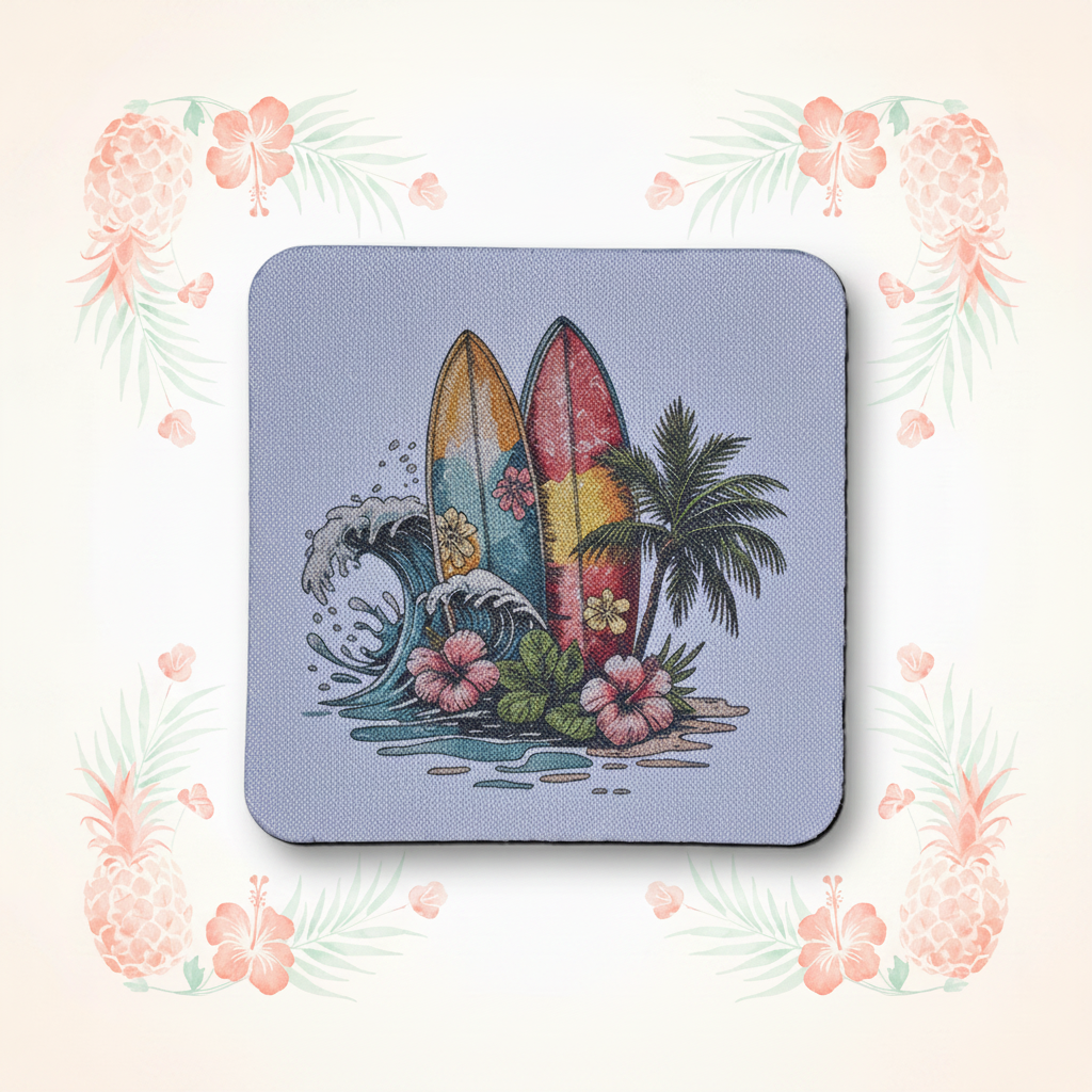 Two Surfboards Coaster with Tropical Background