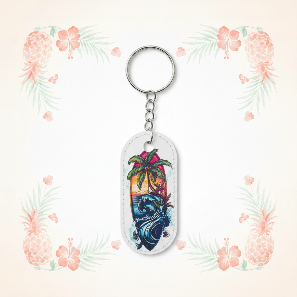 White HI Vibe keychain on pale pineapple-and-palm background
